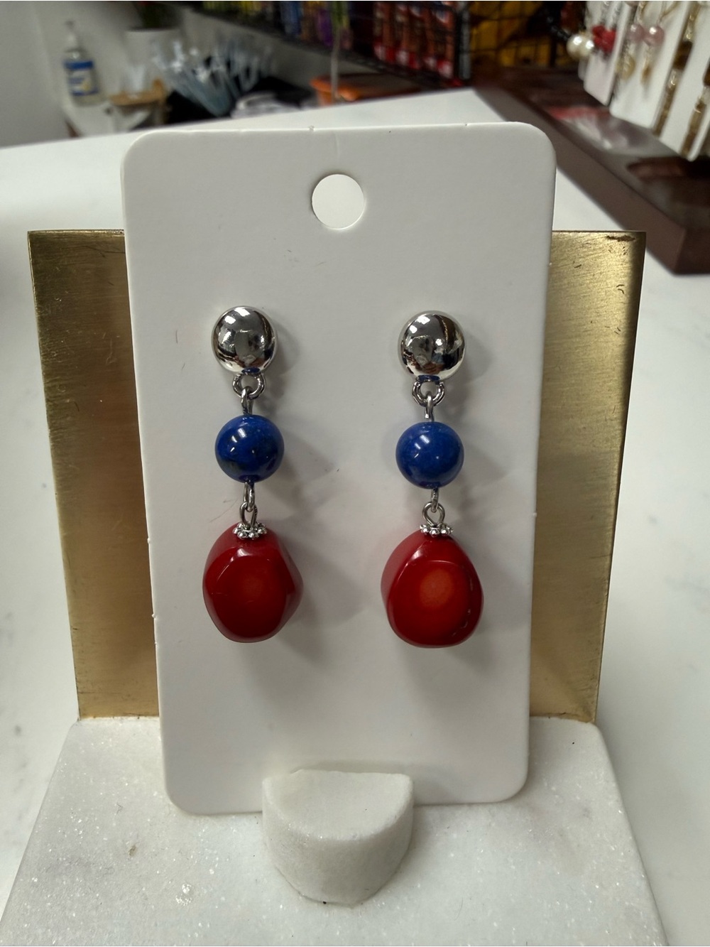 Red Coral and Blue stone Earrings - Polished Silver Accents